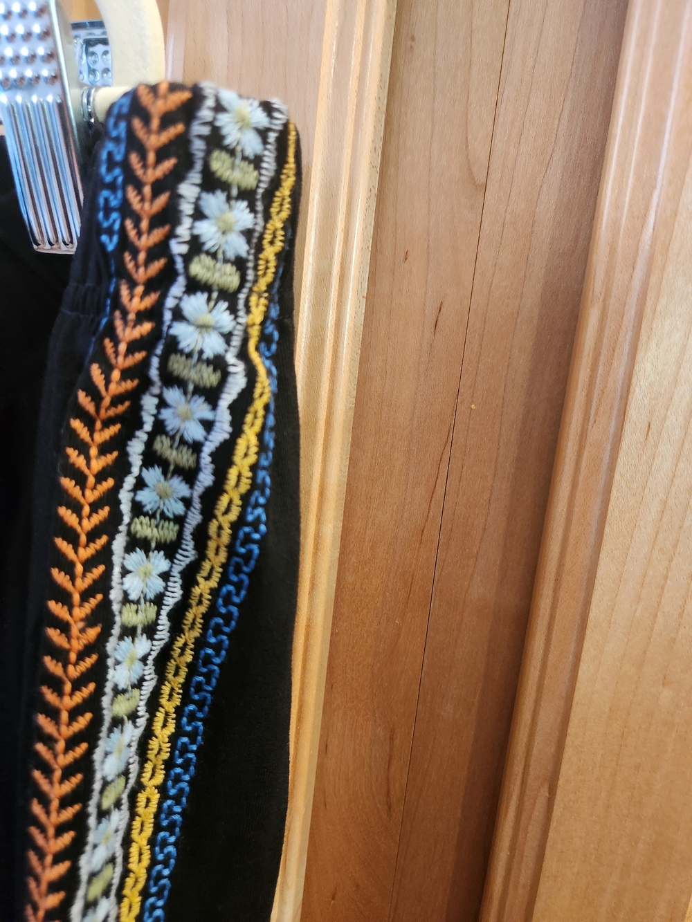 Black Leggings with Colorful Embroidered Side Stripes